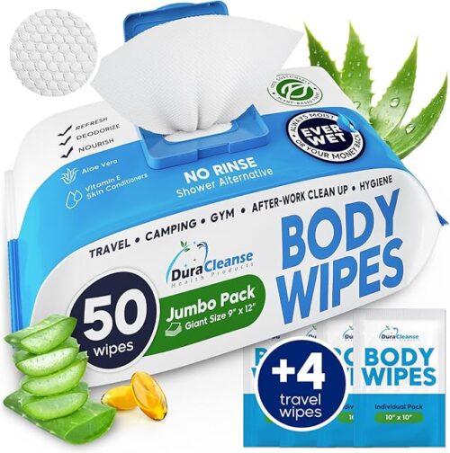 XL Body Wipes for Adults Bathing No Rinse - 50 Ct + 4 Travel Shower Wipes - 9"x12" Thick Cleansing Bath Wash Sheets for Elderly Incontinence, Men & Women - Camping Essentials Disposable Washcloths
