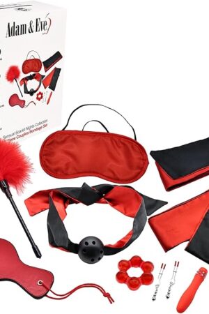 Adam & Eve Scarlet Nights Bondage Collection, 10 Piece Set with Silk Ties, Paddle, Ball Gag, Nipple Clamps, Blindfold, Feather Tickler, Bullet Vibe, Enhancer Ring, for Couples Seeking Passion