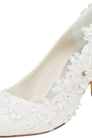 Emily Bridal Wedding Shoes Women's Silk Like Satin Chunky Heel Pumps with Stitching Lace Flower Crystal Pearl