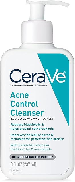 CeraVe Acne Treatment Face Wash, Salicylic Acid Cleanser with Purifying Clay, Niacinamide, and Ceramides, Pore Control and Blackhead Remover, 8 Ounce