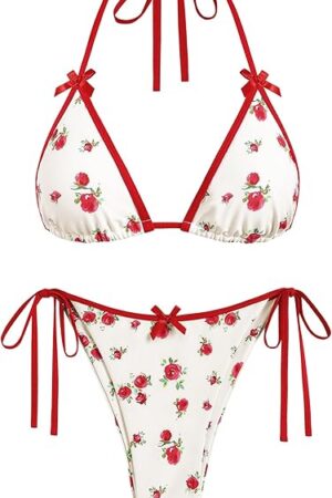 Women's Sexy Halter Bikini Sets Bow Decor Tiny Floral Print Bikini Swimsuits Tie Side Triangle Bathing Suits