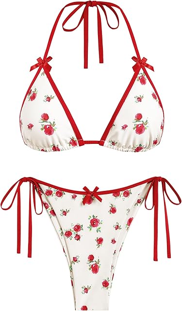 Women's Sexy Halter Bikini Sets Bow Decor Tiny Floral Print Bikini Swimsuits Tie Side Triangle Bathing Suits