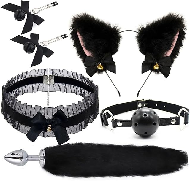 Anal Sex Toys Fox Tail Butt Plug Sexy Cat Ear Headband with Bells Necklace Set Massage Sex Toys for Women Couples Cosplay(12)