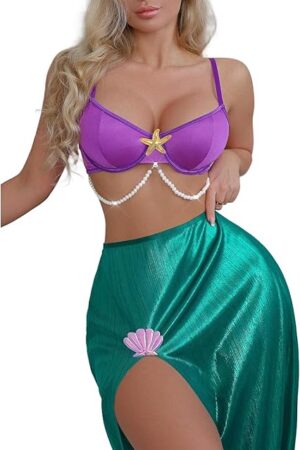 Halloween Mermaid Princess Costume for Women Adult Two Piece Starfish Bra Top Seashell Dress