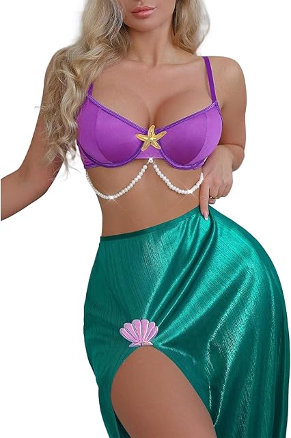 Halloween Mermaid Princess Costume for Women Adult Two Piece Starfish Bra Top Seashell Dress