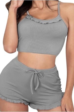 Women Cami Pajama Set Ribbed Sleeveless Crop Tops Shorts 2 Piece Pj Nightwear Soft Comfy Summer Sleepwear Loungewear
