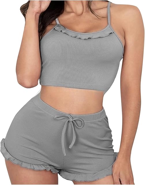 Women Cami Pajama Set Ribbed Sleeveless Crop Tops Shorts 2 Piece Pj Nightwear Soft Comfy Summer Sleepwear Loungewear