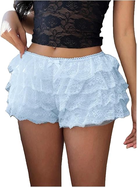 Women Lace Trim Ruffled Bloomers Shorts Y2k Fairy Layered Frill Pumpkin Pants Sexy Boy Shorts Going Out Bottoms