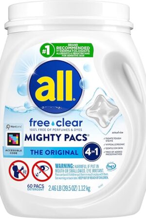 All Mighty Pacs Laundry Detergent, Free Clear for Sensitive Skin, Tub, 60 Count