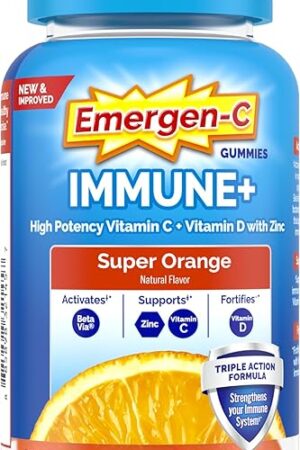 Emergen-C Immune+ Immune Gummies, Vitamin D plus 750 mg Vitamin C, Immune Support Dietary Supplement, Caffeine Free, Gluten Free, Super Orange Flavor - 45 Count