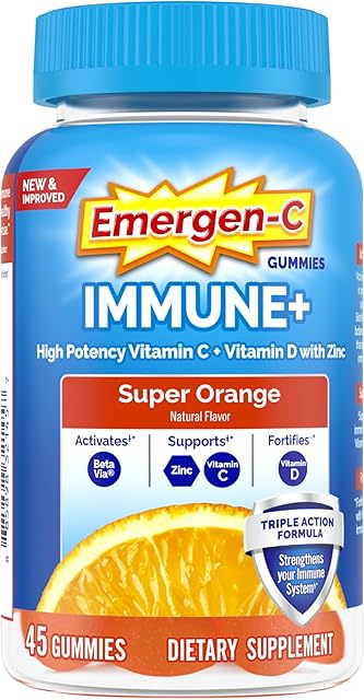Emergen-C Immune+ Immune Gummies, Vitamin D plus 750 mg Vitamin C, Immune Support Dietary Supplement, Caffeine Free, Gluten Free, Super Orange Flavor - 45 Count