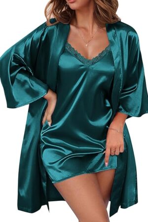 Women's Satin Robe Set Lace Sexy Lingerie Robe Wedding Nightgown 2pcs Cami Bride Party Silk Pajamas Set