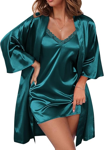 Women's Satin Robe Set Lace Sexy Lingerie Robe Wedding Nightgown 2pcs Cami Bride Party Silk Pajamas Set