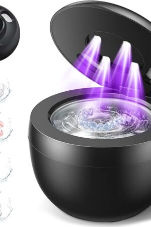 Dental Ultrasonic Retainer Cleaner Machine: 45kHz Dental Cleaning Pod for Denture, Mouth Guard, Night Guard, Aligner, Braces, Toothbrush Head & Jewelry, UV Cleaner with Digital Timer & 4 Modes, Black