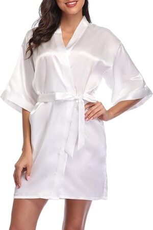 Women's Satin Robes Short Bridesmaid Getting Ready Robe Soft Sleepwear Kimono Bathrobe for Bridal Wedding Party