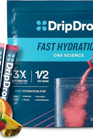 DripDrop Hydration Packets - Juicy Variety Pack - Single Serve Electrolytes Powder Drink Mix - Grape, Fruit Punch, Strawberry Lemonade, Cherry - Non-GMO, Gluten Free, Vegan - 32 Sticks