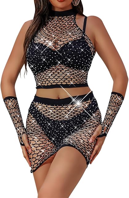 Women's Sexy Bodysuit Sparkly Rhinestone Fishnet Bodystockings Hollow Out See Through Lingerie Sets