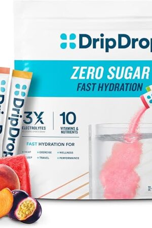 DripDrop Sugar Free Hydration Packets - Zero Classic Variety Pack - Single Serve Electrolytes Powder Drink Mix - Lemon Lime, Watermelon, Peach, Passion Fruit - Non-GMO, Gluten Free, Vegan - 32 Sticks