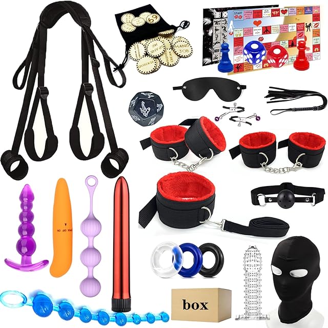 BDSM kit Sex Toys Bondage Restraints Set, Anal Butt Plug Games Card Toys and Sex Straps Neck to Wrist Thigh Sex Sling & Ankle Kits with Adjustable, Sex Things for Couples Kinky and Couple Sex Toys