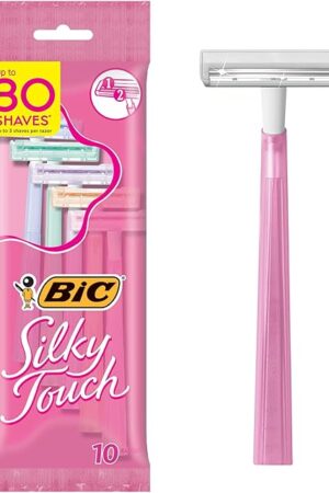 BIC Silky Touch Women's Disposable Razors, With 2 Blades, Pretty Pastel Razor Handles, 10 Count Pack of Shaving Razors