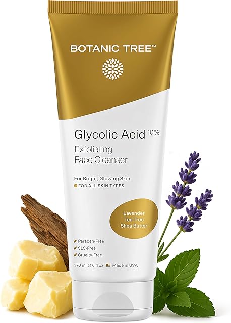 Botanic Tree Glycolic Acid Face Wash, Exfoliating Facial Cleanser and Scrub, 10% Glycolic Acid, AHA and Salicylic Acid, 6 fl oz