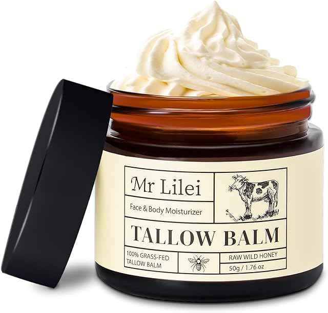 Grass-Fed Beef Tallow Balm for Skin with Raw Honey - Face & Body Moisturizer - Natural Whipped Skin Care Cream for Dry Skin- Hydrating Body Lotion for Nourishment (50g/176oz)