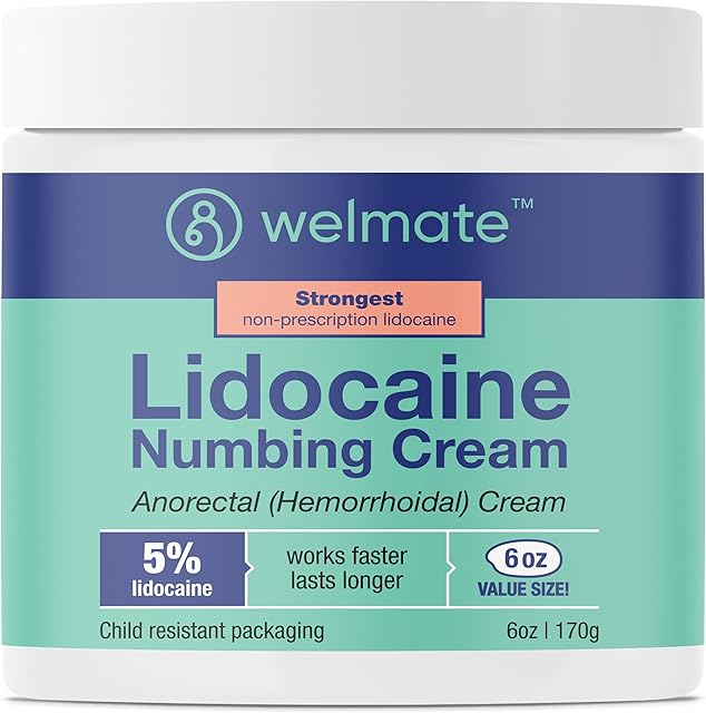 WELMATE - 5% Lidocaine Numbing Cream, 6oz (170g) - Maximum Strength Lidocaine Cream - Hemorrhoid Relief - External Use Anesthetic, Vitamin E - Child Resistant - Topical Skin Care, HSA & FSA Eligible