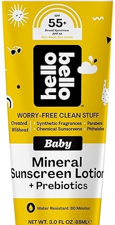 Hello Bello Mineral SPF 55 Sunscreen Lotion with Prebiotics, Water Resistant and Reef Friendly Sun Protection for Babies and Kids, 3 fl oz (Pack of 1)