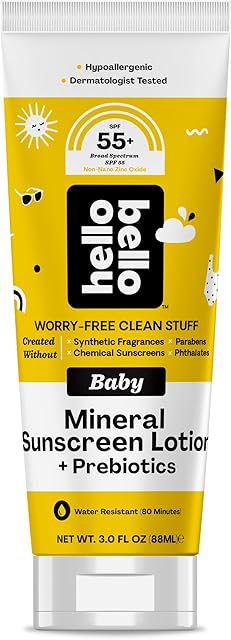 Hello Bello Mineral SPF 55 Sunscreen Lotion with Prebiotics, Water Resistant and Reef Friendly Sun Protection for Babies and Kids, 3 fl oz (Pack of 1)