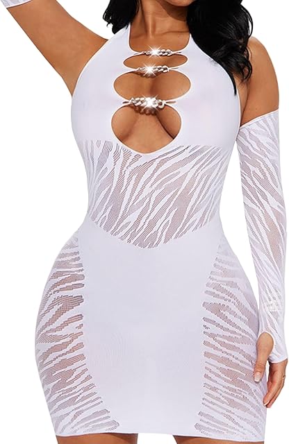 Women Sexy See Through Mesh Bodycon Dress Zebra Print Hollow Out Club Mini Dress