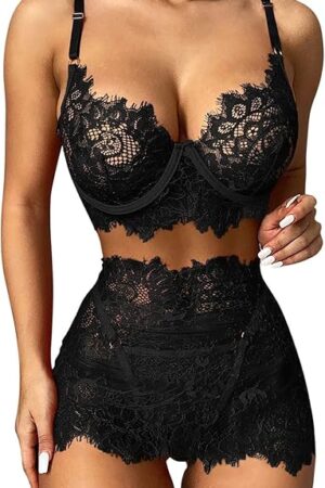 3PC Black Lace Women Sexy Lingerie Wireless Bra Thong Mini Skirts Pajamas Set Sexy Lingerie Top and Panties (Black, XL)