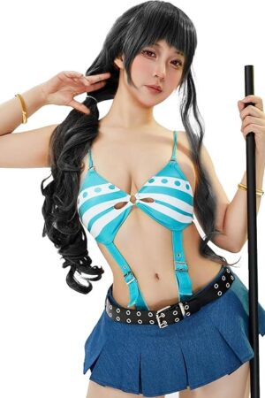 Women Anime Cosplay Bikini Style Lingerie High Cut Out Bodysuit and Mini Skirt Set with Belt Stockings