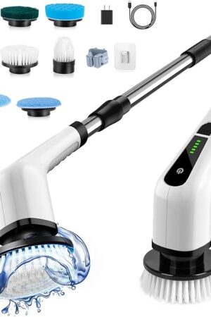 Electric Spin Scrubber, Cordless Cleaning Brush Scrubber for Home, 8 Replaceable Brush Heads-90Mins Work Time, 3 Adjustable Size, 2 Speeds for Bathroom Shower Bathtub Glass Car