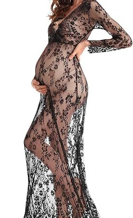 Boudoir Maternity Long Sleeve Lace Dress Milk Bath Photoshoot Gown Sexy Women Deep V-Neck Lingerie Robe Nightgowns