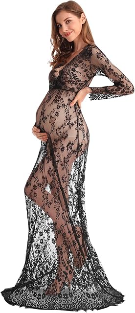 Boudoir Maternity Long Sleeve Lace Dress Milk Bath Photoshoot Gown Sexy Women Deep V-Neck Lingerie Robe Nightgowns