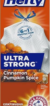 Hefty Ultra Strong 13 Gallon Trash Bags, Tall Kitchen Trash Bags 13 Gallon Size, Drawstring Closure, Continuous Odor Control, White, Cinnamon Pumpkin Spice Scent, 20 Bags