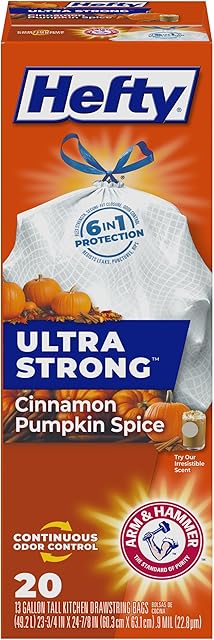 Hefty Ultra Strong 13 Gallon Trash Bags, Tall Kitchen Trash Bags 13 Gallon Size, Drawstring Closure, Continuous Odor Control, White, Cinnamon Pumpkin Spice Scent, 20 Bags