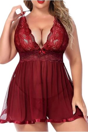 Womens Babydoll Lingerie Sexy Floral Lace Plus Size Lingeries V-Neck Sleeveless Bow Bar Dress Set Teddy Nightdress