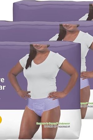 Amazon Basics Incontinence Underwear for Women, Protective, Disposable, Postpartum, Maximum Absorbency, Medium, Lavender, 60 Count (3 Packs of 20)