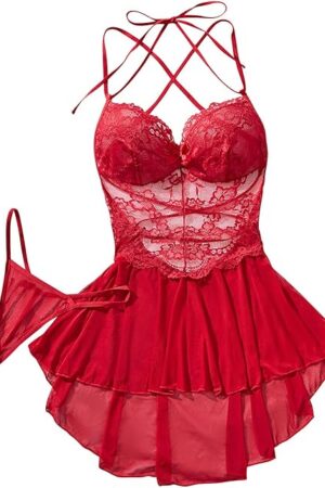 Women Lingerie Lace Babydoll Strap Chemise Exotic Teddy V Neck Sleepwear Sexy Gauze Underwear Sets