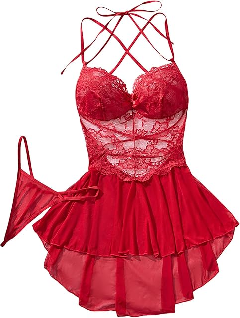 Women Lingerie Lace Babydoll Strap Chemise Exotic Teddy V Neck Sleepwear Sexy Gauze Underwear Sets