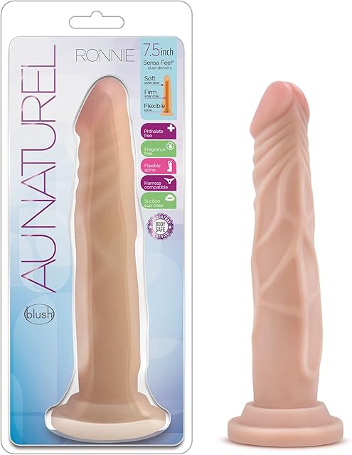 Blush Au Naturel Ronnie 7.5" Ultra-Soft Dildo, Realistic Flexible G-Spot Lifelike Cock, Suction Cup, Strap-On, X5 Plus TPE, Dual Density Lover Penis - Adult Sex Toy for Women, Men & Couples - (Beige)