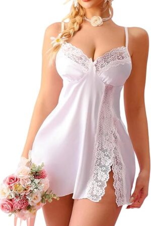 Women's Floral Lace Lingerie Babydoll Nightgown Satin Deep V Neck Dress