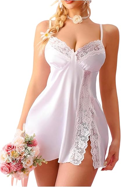Women's Floral Lace Lingerie Babydoll Nightgown Satin Deep V Neck Dress