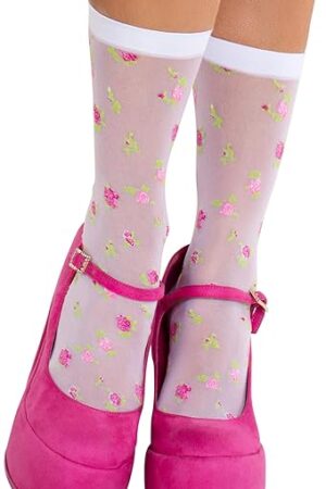 Womens Cute Socks Rosette Jacquard Cutecore Anklet Sheer Socks with Flower Pattern, Multicolor, One Size