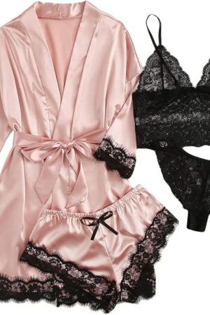 Women' Silk Satin Pajamas Set 4pcs Lingerie Floral Lace Cami Sleepwear with Robe