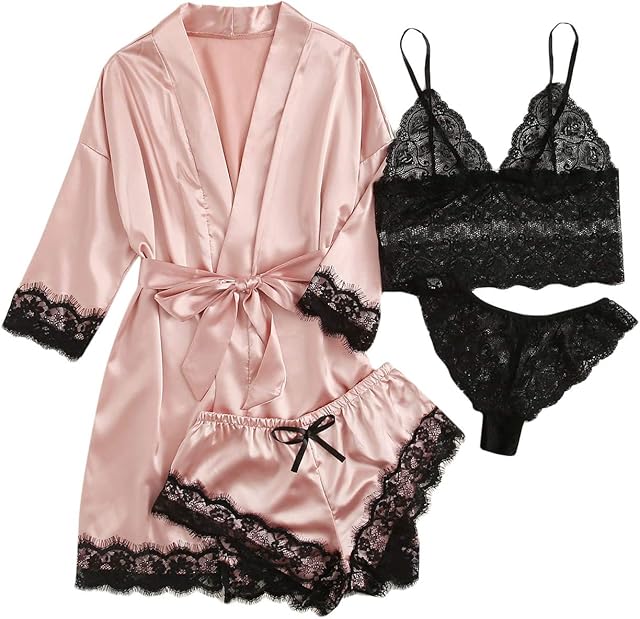 Women' Silk Satin Pajamas Set 4pcs Lingerie Floral Lace Cami Sleepwear with Robe