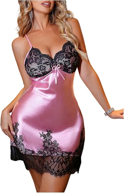 Women's Lace Satin Nightgown V Neck Sleepwear Slip Dress Babydoll Lingerie Dress
