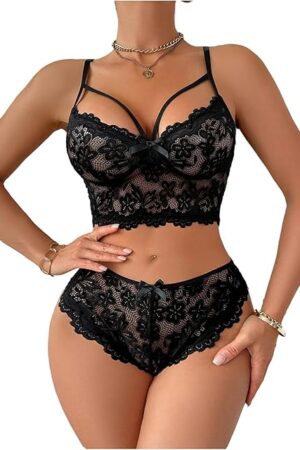 Women's 2 Piece Lingerie Set Floral Lace Cami Bra and Panty Babydoll Underwear