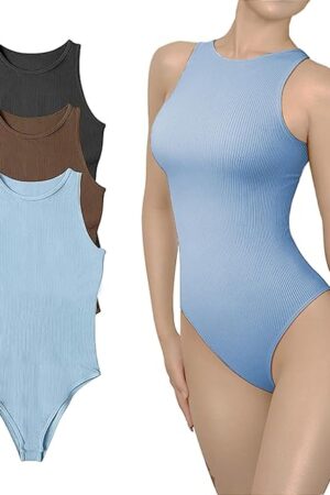 Women's Scoop Neck Sleeveless Tank Top Bodysuits Sexy Backless Ribbed Body Suits Jumpsuit for Girls